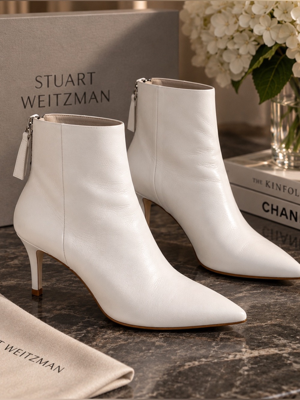 Stuart Weitzman White Leather Pointed Toe Ankle Booties Sz 7 3” Heel Spain